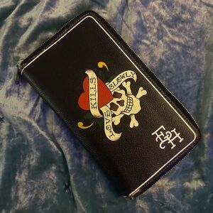 Ed Hardy Black Wallet with Skull and Heart Design